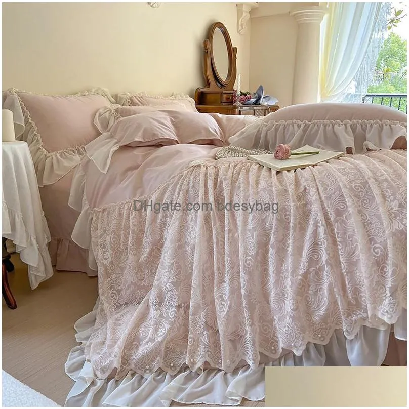 Bedding Sets Bedding Sets Cotton French Princess Set 400Tc Washed Romantic Lace Ruffles Work Duvet Er Bed Sheet Pillowcase Drop Delive Dhx7R