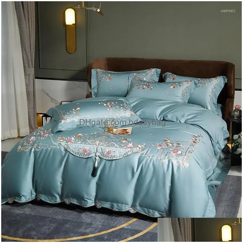 Bedding Sets Bedding Sets 800Tc Egyptian Cotton Set Classic Embroidery Duvet Er With Tassles Soft Skin-Friendly Flat/Fitted Sheet Pill Dhafe