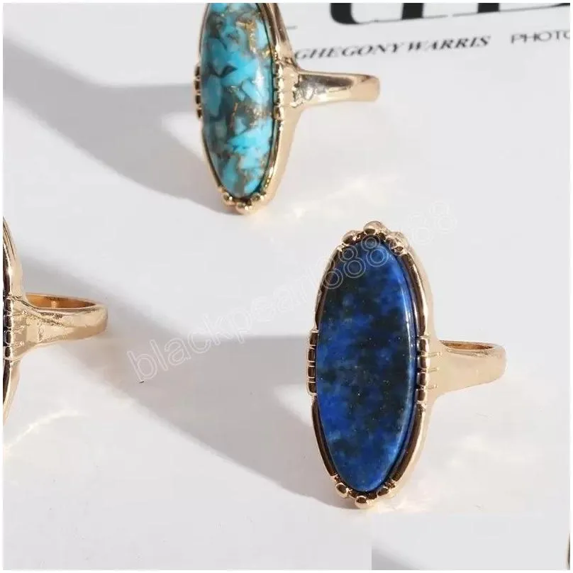 Band Rings Gold Oval Turquoise Lapis Lazi Blue Natural Stone Rings Fashion Inner Dia 1.7Cm Color Band Jewelry For Drop Delivery Jewelr Dhn6F