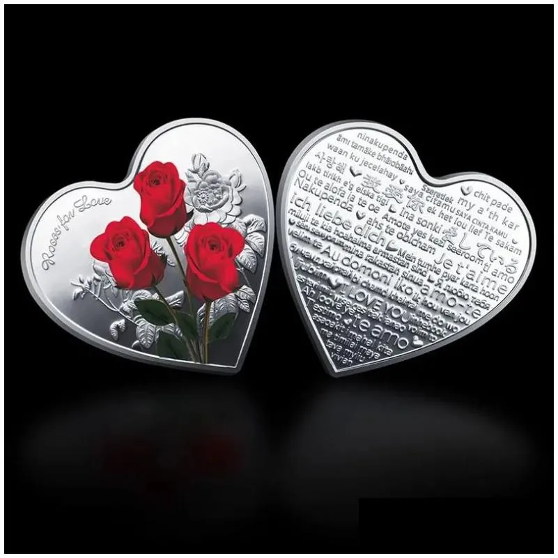 heart-shaped rose valentines day gift metal commemorative coins 52 languages i love you medal challenge coin crafts 1130