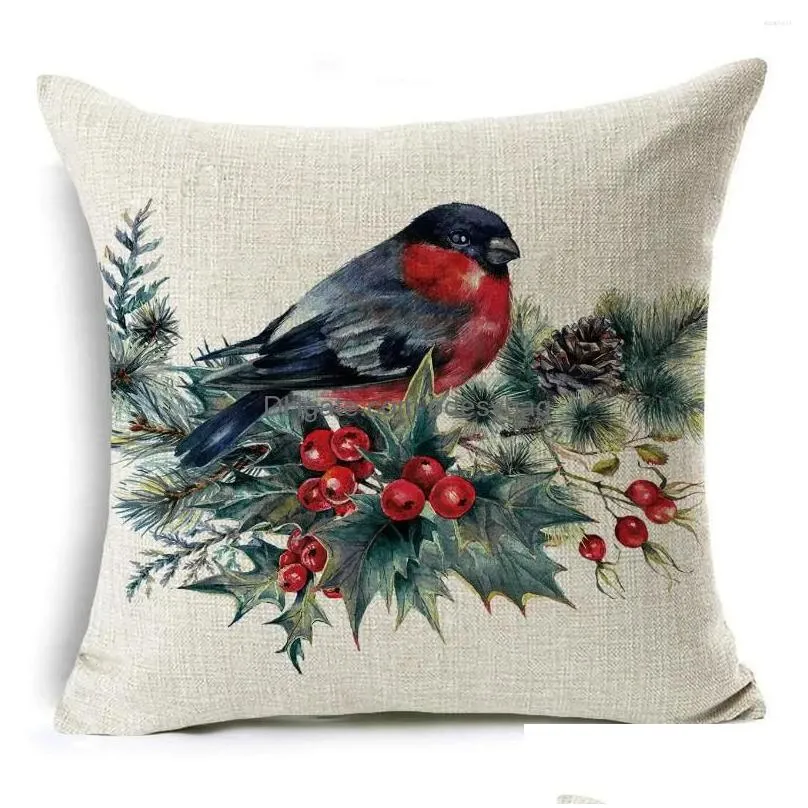 Cushion/Decorative Pillow Pillow 45 45Cm Merry Christmas Er Birds Garland Pillowcase Single Sided Print Polyester Sofa Case For Home X Dhrbh