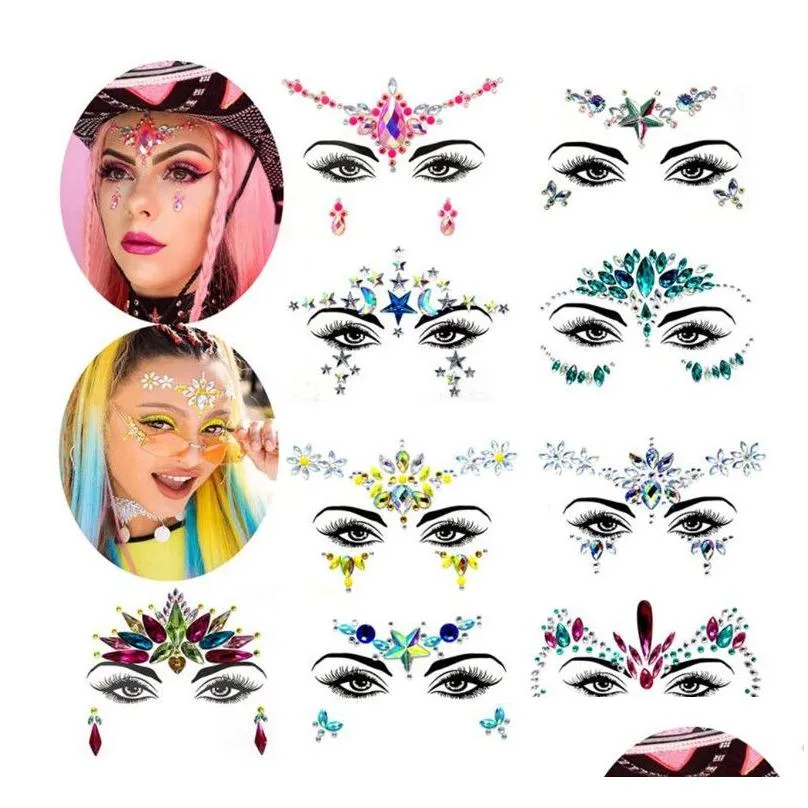 Nail Art Decorations Rhinestone Festival Face Jewels Sticker Fake Tattoo Stickers Body Glitter Tattoos Gems Flash For Music Party Make Dhym1