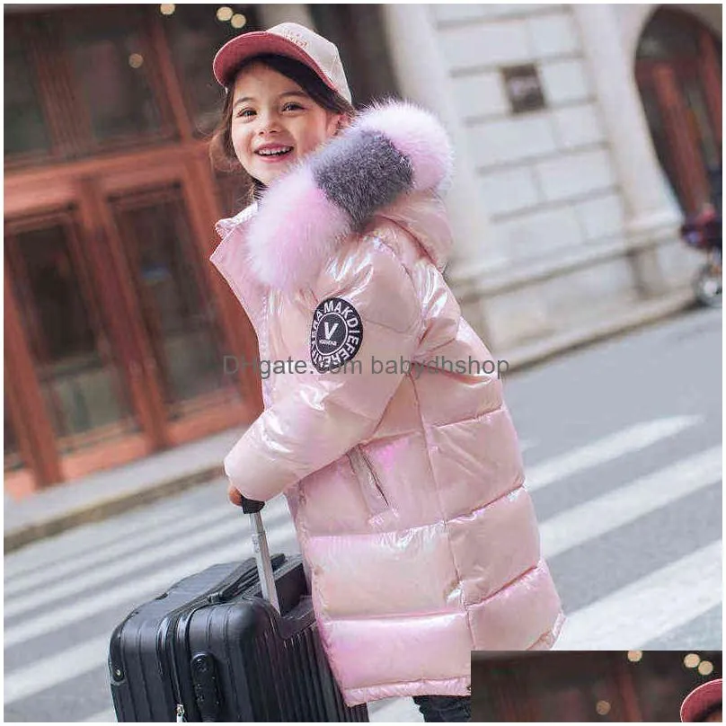 winter down jacket for girls coat waterproof shiny hooded children outerwear clothing 5-14 year teenage kids parka snowsuit 211111