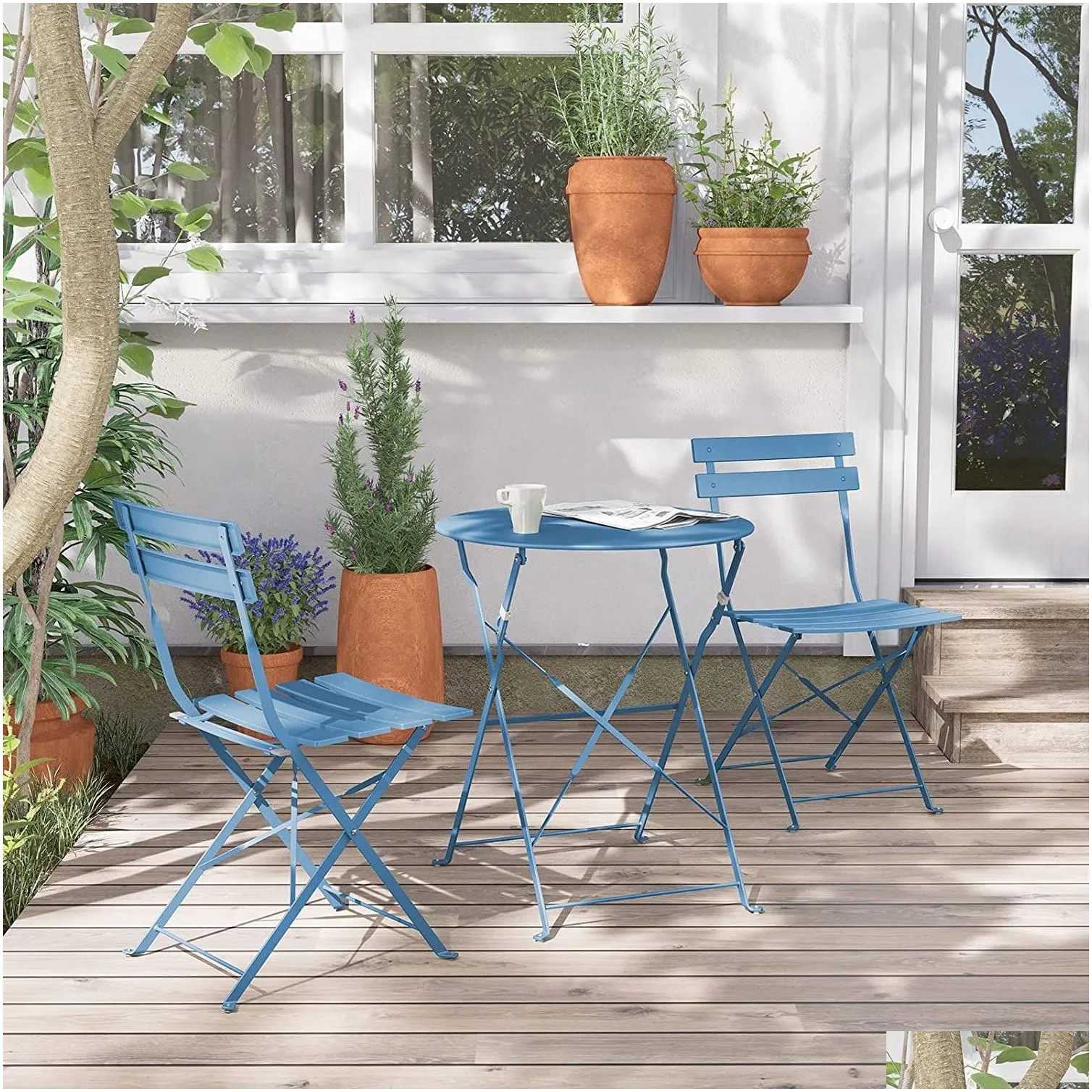 SR Steel Patio Bistro Set, Folding Outdoor Patio Furniture Sets, 3 Piece Patio Set of Foldable Patio Table and Chairs,grey blue