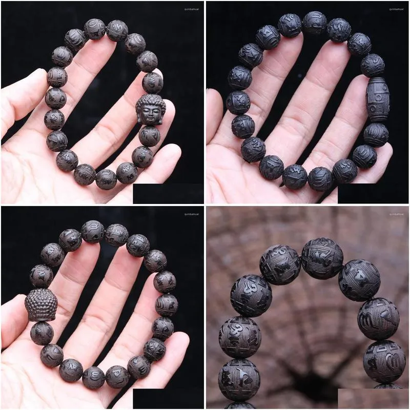 Beaded Strand Natural Ebony Tibetan Buddhism Six-Character Mantra Nine-Eyed 12Mm Amet Jewelry Beaded Good Luck Gift Drop Delivery Jew Dhwz8