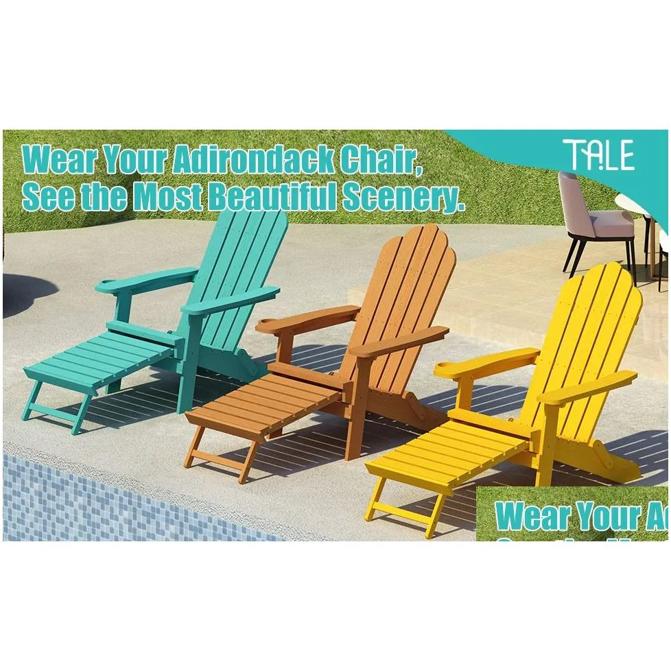 TALE Folding Adirondack Sleeper Chairs with Pullout Ottoman with Cup Holder Oversized, Poly Lumber, for Patio Deck Garden, Backyard