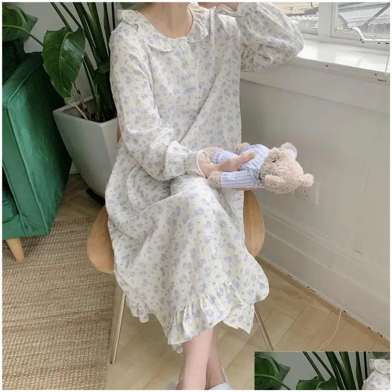 Women`s Sleepwear Cotton Sleep Dress Women Chinese Style Nightie Floral Print Long Nightgown Spring Fairy Home Clothes Nightwear Crepe