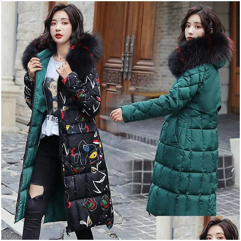 Women`s Down Parkas Womens Winter Jacket Women Warm Long Print Hooded Faux Fur Coat Cotton Padded Female Two Sides Outwear 231116