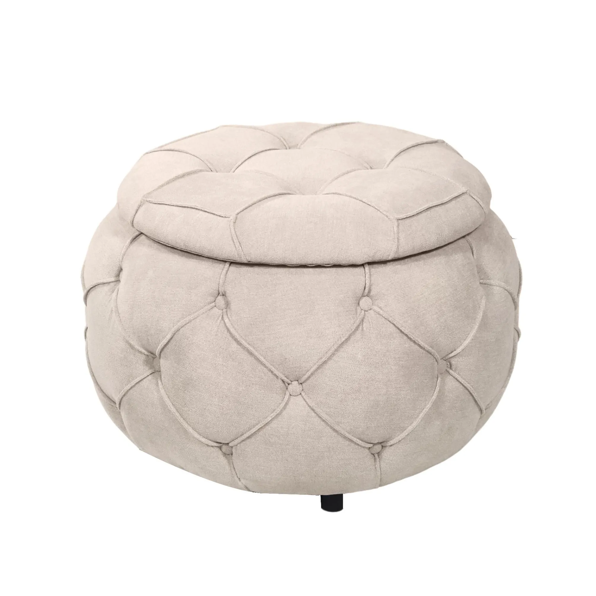 Large Button Tufted Woven Round Storage Footstool,Suitable for living room, bedroom,beige