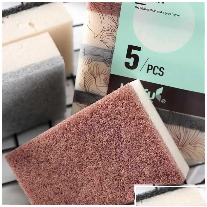 Sponges & Scouring Pads Mti Color 5-Piece Kitchen Dishwashing Sponge Double-Sided Cleaning Thickened Wi Pot Stove And Drop Delivery Ho