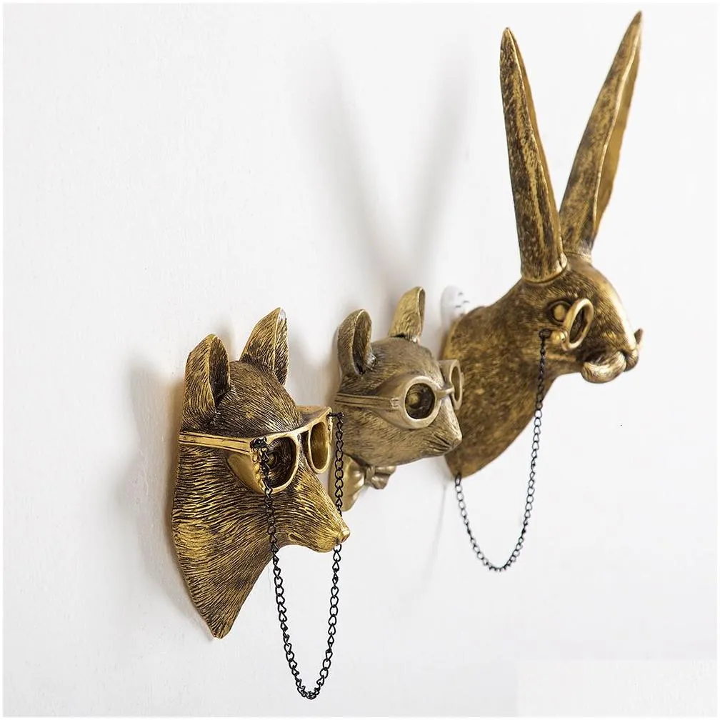 Garden Decorations Antique Bronze Resin Animal Pendant Golden Deer Head Wall Storage Hook Up Background Accessories Decorative Figuri Dh1Fl