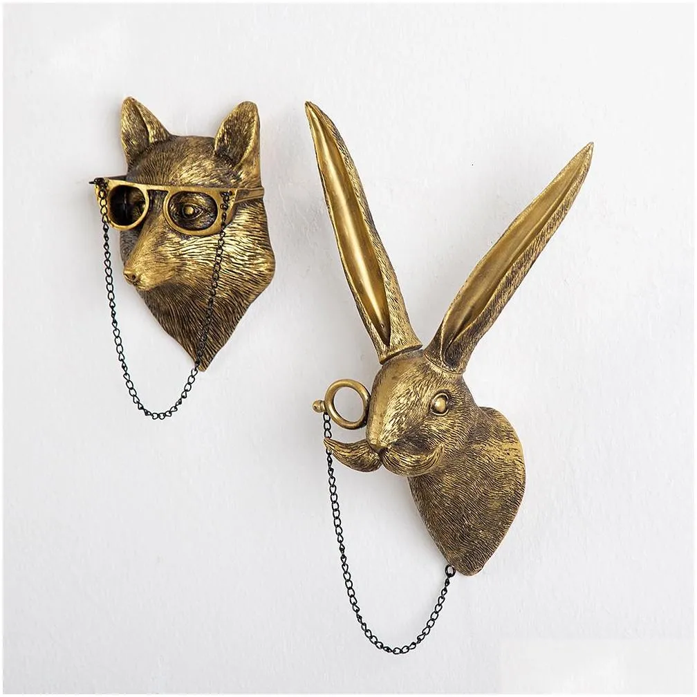 Garden Decorations Antique Bronze Resin Animal Pendant Golden Deer Head Wall Storage Hook Up Background Accessories Decorative Figuri Dh1Fl