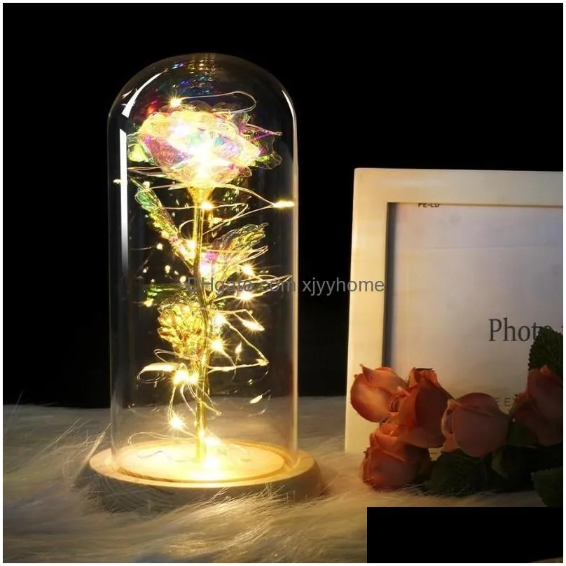 Decorative Flowers & Wreaths Medium Red Rose In A Glass Dome On Wooden Base For Valentine039S Gifts Led Lamps Christmas9439437 Drop De Dhn65