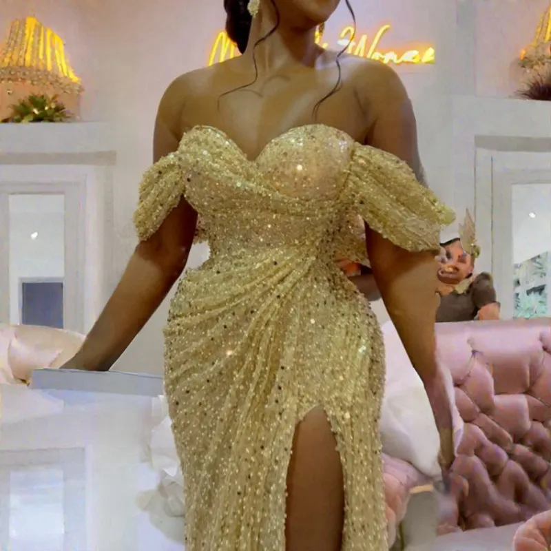 Gold Sparkling Plus Size Aso Ebi Prom Dresses Sheer Neck Sequined Lace Mermaid Evening Formal Dress for African Aarbic Black Women Birthday Party Gowns NL086