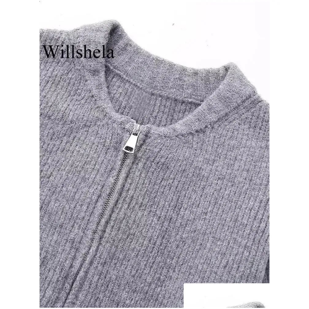 Women`s Sweaters Willshela Women Fashion Grey Front Zipper Knitted Sweater Vintage O Neck Long Sleeves Female Chic Lady Tops Outfits
