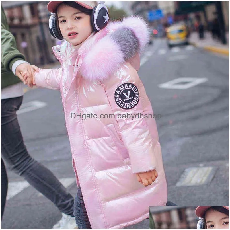 winter down jacket for girls coat waterproof shiny hooded children outerwear clothing 5-14 year teenage kids parka snowsuit 211111