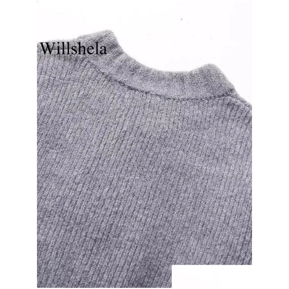 Women`s Sweaters Willshela Women Fashion Grey Front Zipper Knitted Sweater Vintage O Neck Long Sleeves Female Chic Lady Tops Outfits