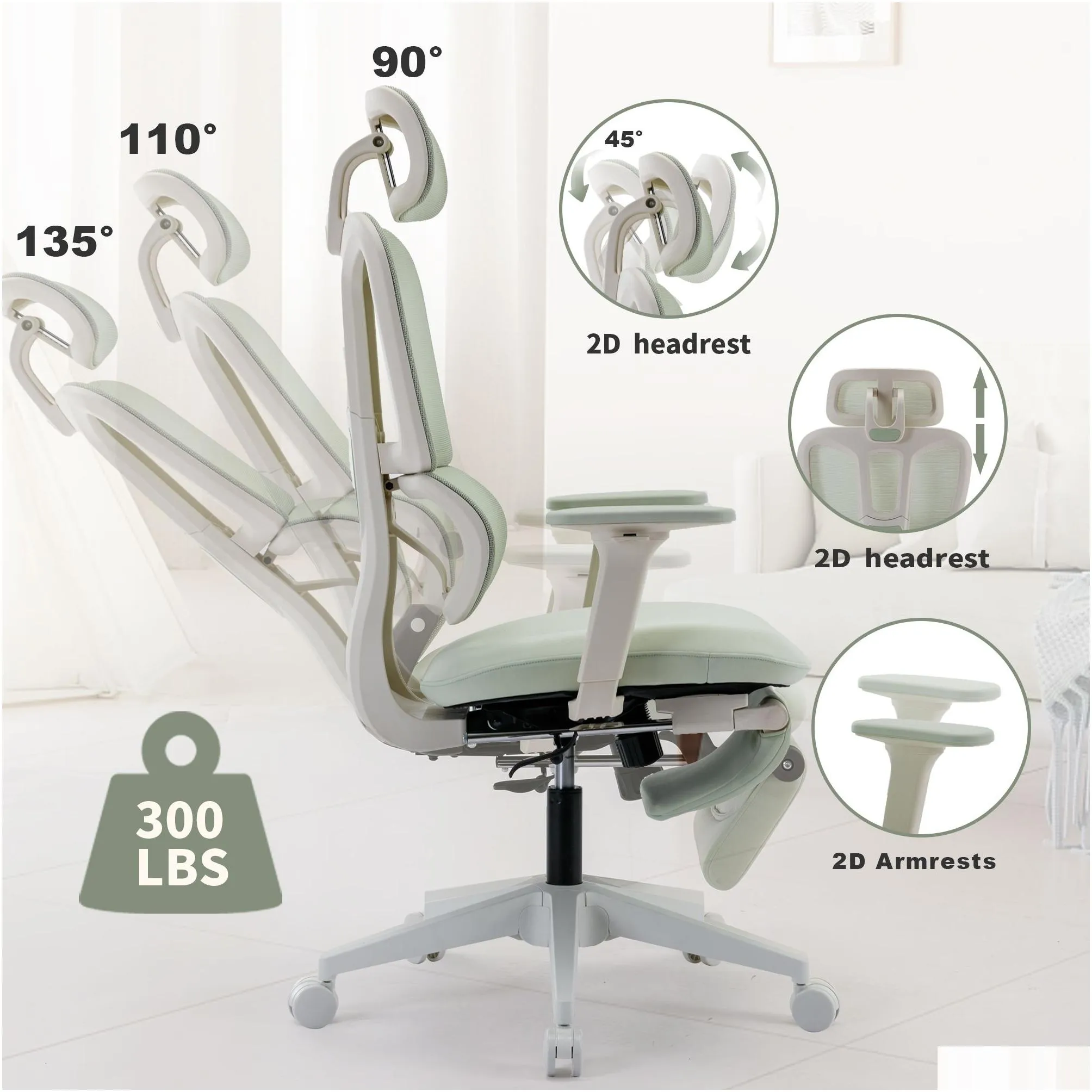 Ergonomic Mesh Office Chair with 2D Adjustable Armrest,High Back Desk Computer Chair,Green