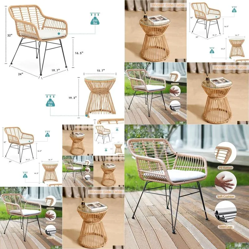 Balcony Furniture, 3 Piece Patio Set, Outdoor Wicker Chairs with Glass Top Table and Soft Cushion, Rattan Front Porch Furniture