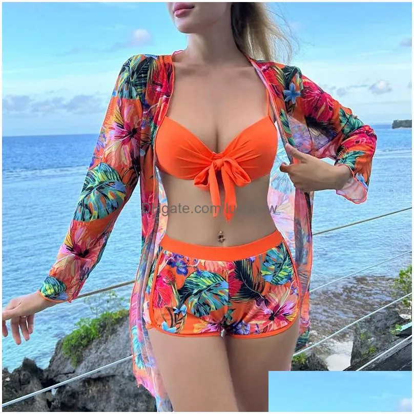 Two-Piece Suits Pink Print Separate Swimsuits Tankini Set Female Swimwear 2023 Sports Beach Wear Two Piece Bathing Suit Pool Women Swi Dhy2G