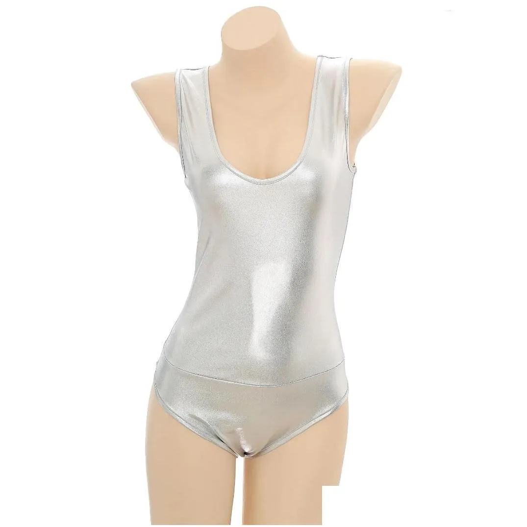 Stage Wear Womens Metallic Shiny Bodysuit Deep V Neck Sleeveless Backless Slim Fit Leotard Jumpsuit For Dance Nightclub Carnivals
