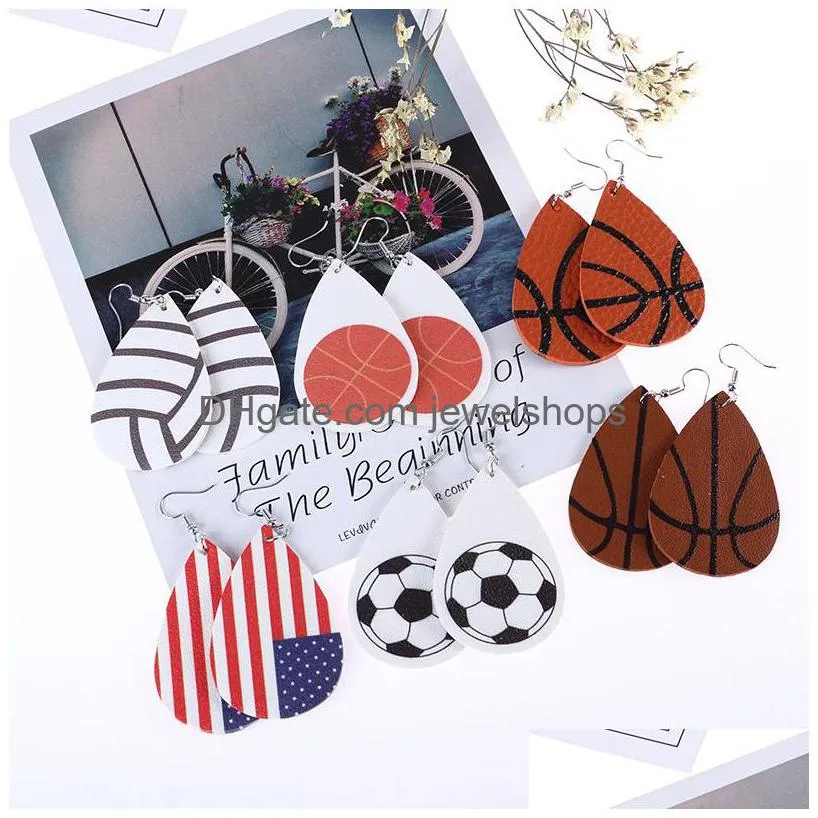 Dangle & Chandelier Handmade Teardrop Leather Earrings American Flag Football Softball Baseball Basketball Soccer Sports Dangle For D Dhoij