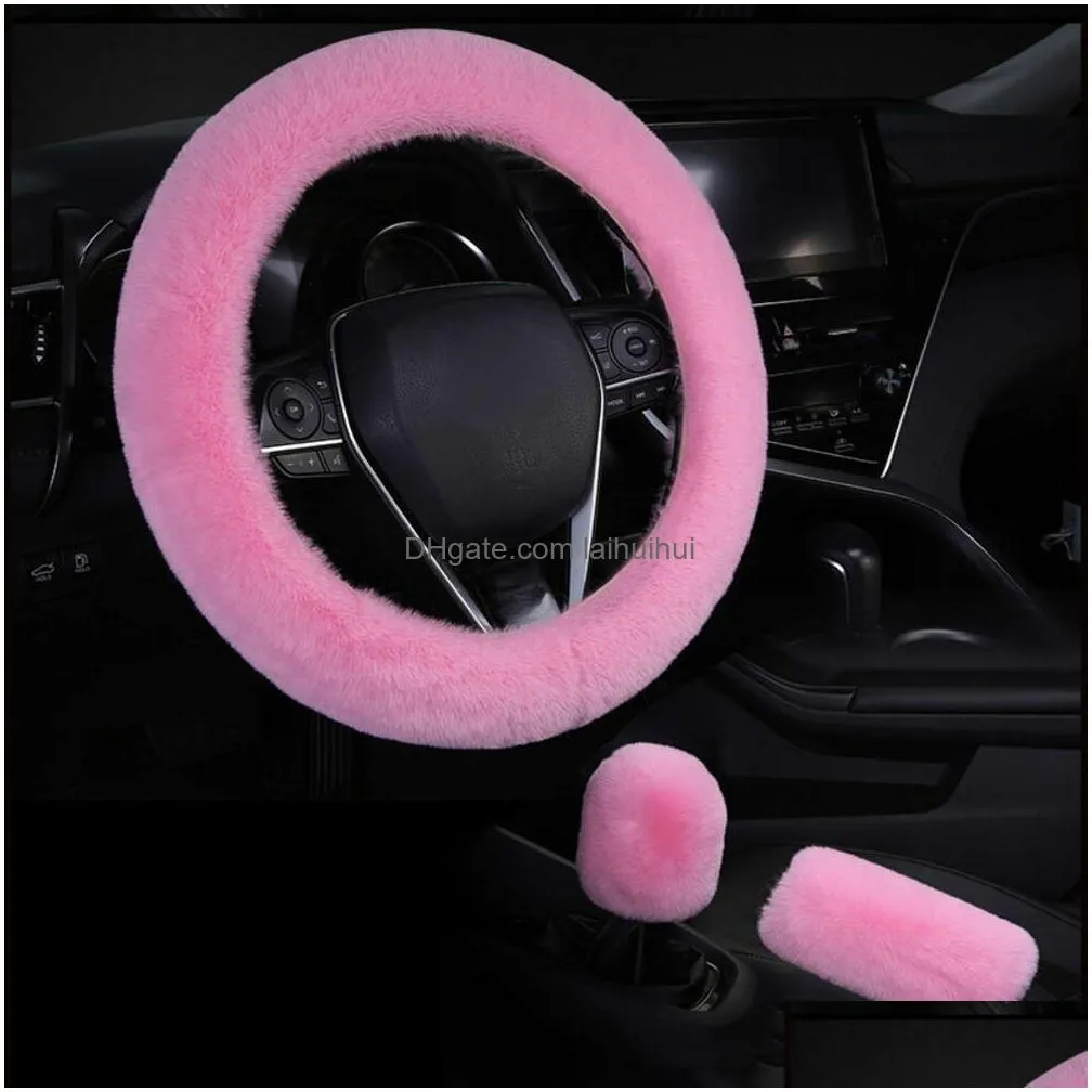  universal steering-wheel plush car steering wheel covers winter faux fur hand brake gear cover 3 pcs/ set car accessories