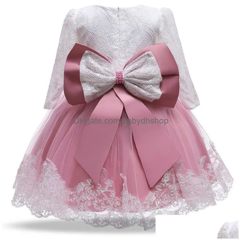 baby infant long-sleeved elegant party birthday christening ball gown lace floral girl dress 201204