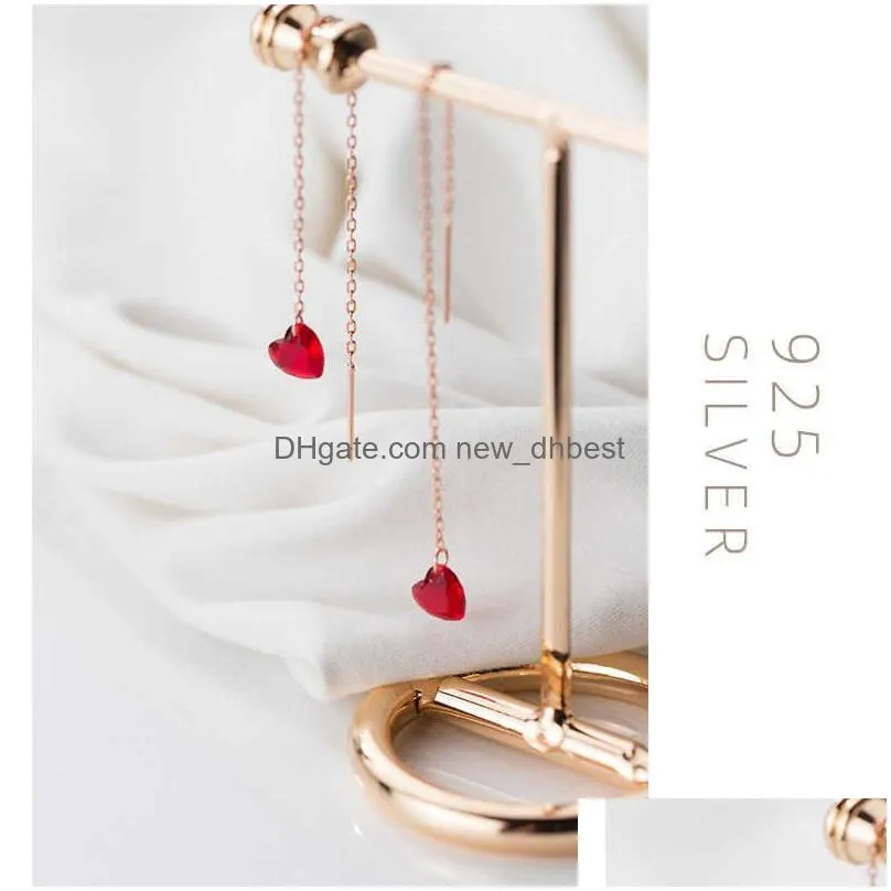 Dangle & Chandelier Sier Simple Red Crystal Hearts Chain Earrings 925 Sterling Aaa Cubic Zirconia Drop Earring For Women 210707 Drop Dhkf6