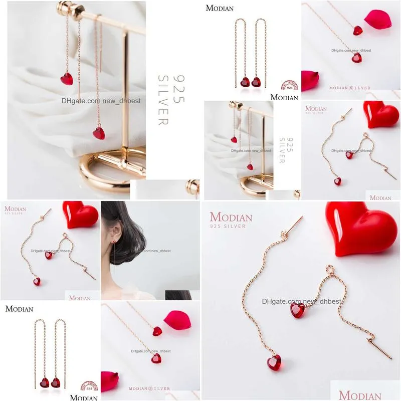 Dangle & Chandelier Sier Simple Red Crystal Hearts Chain Earrings 925 Sterling Aaa Cubic Zirconia Drop Earring For Women 210707 Drop Dhkf6