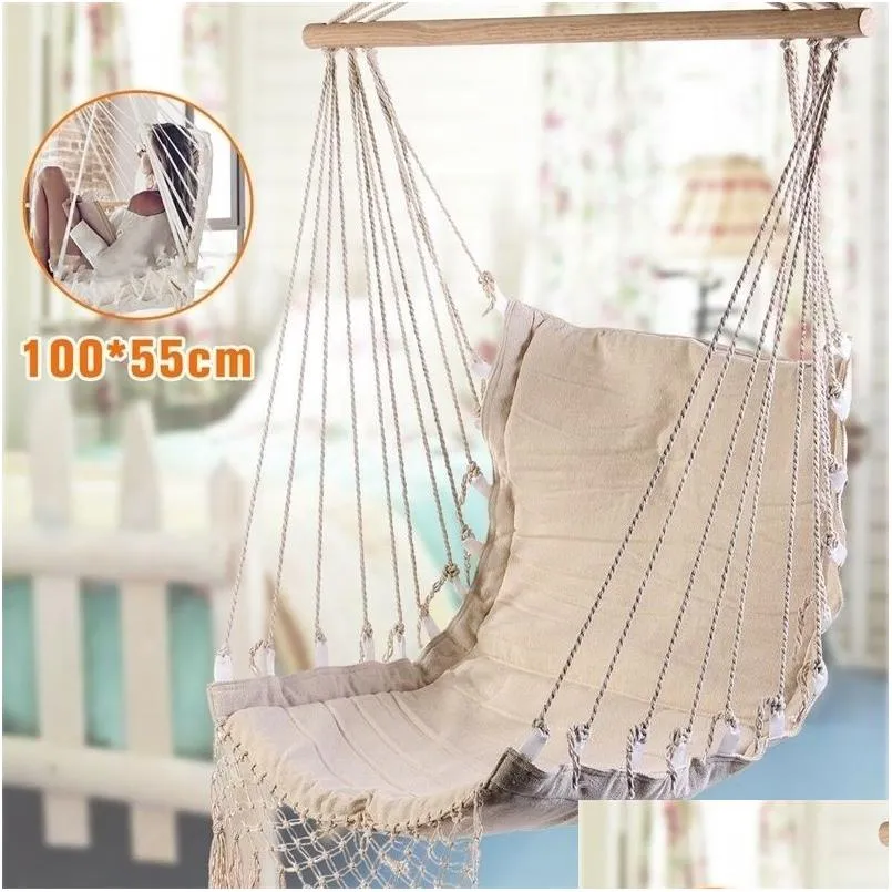 Canvas Swing Hanging Hammock Cotton Rope Tassel Tree Chair Seat Patio Outdoor Indoor Garden Bedroom Safety Y200327