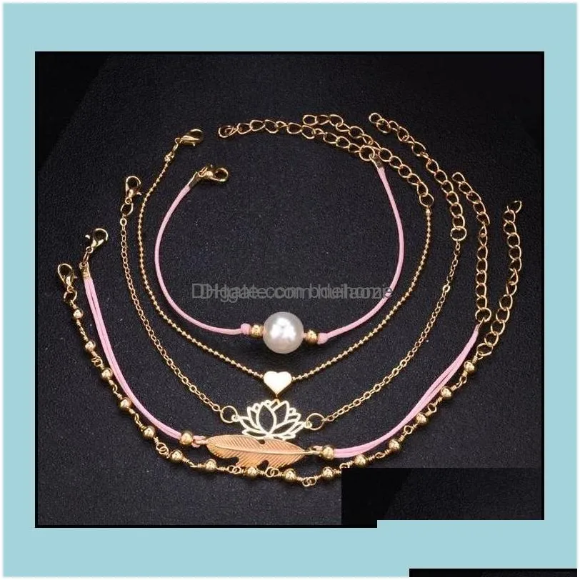 charm bracelets bohemian 5pcs/set leaves heart love lotus pearl bracelet chain woven mtilayer set women fashion gold jewelry wholesa