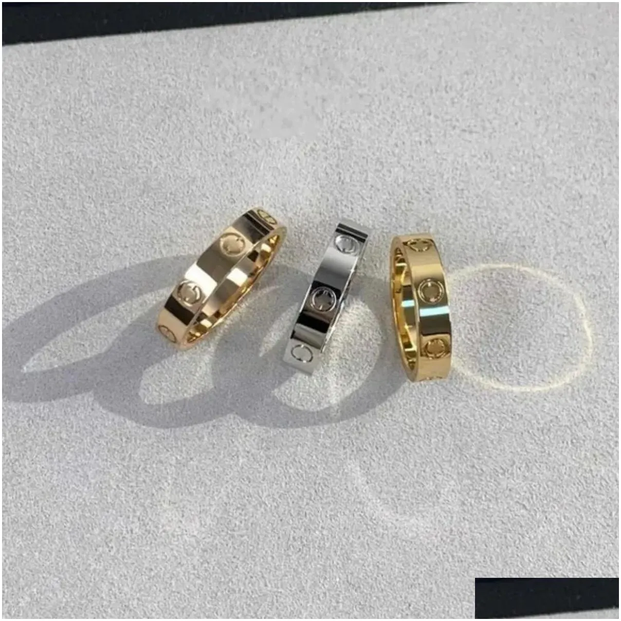 Band Rings Original Logo Engrave 6Mm Diamond Love Ring 18K Gold Sier Rose 316L Stainless Steel Rings Woman Man Lover Wedding Jewelry Otvss