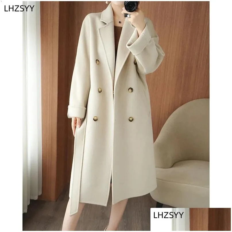 Women`s Wool Blends LHZSYY Doublesided Woolen Cashmere Coat Ladies 23Winter Cardigan Laced Loose OverTheKnee Jacket Highend Long