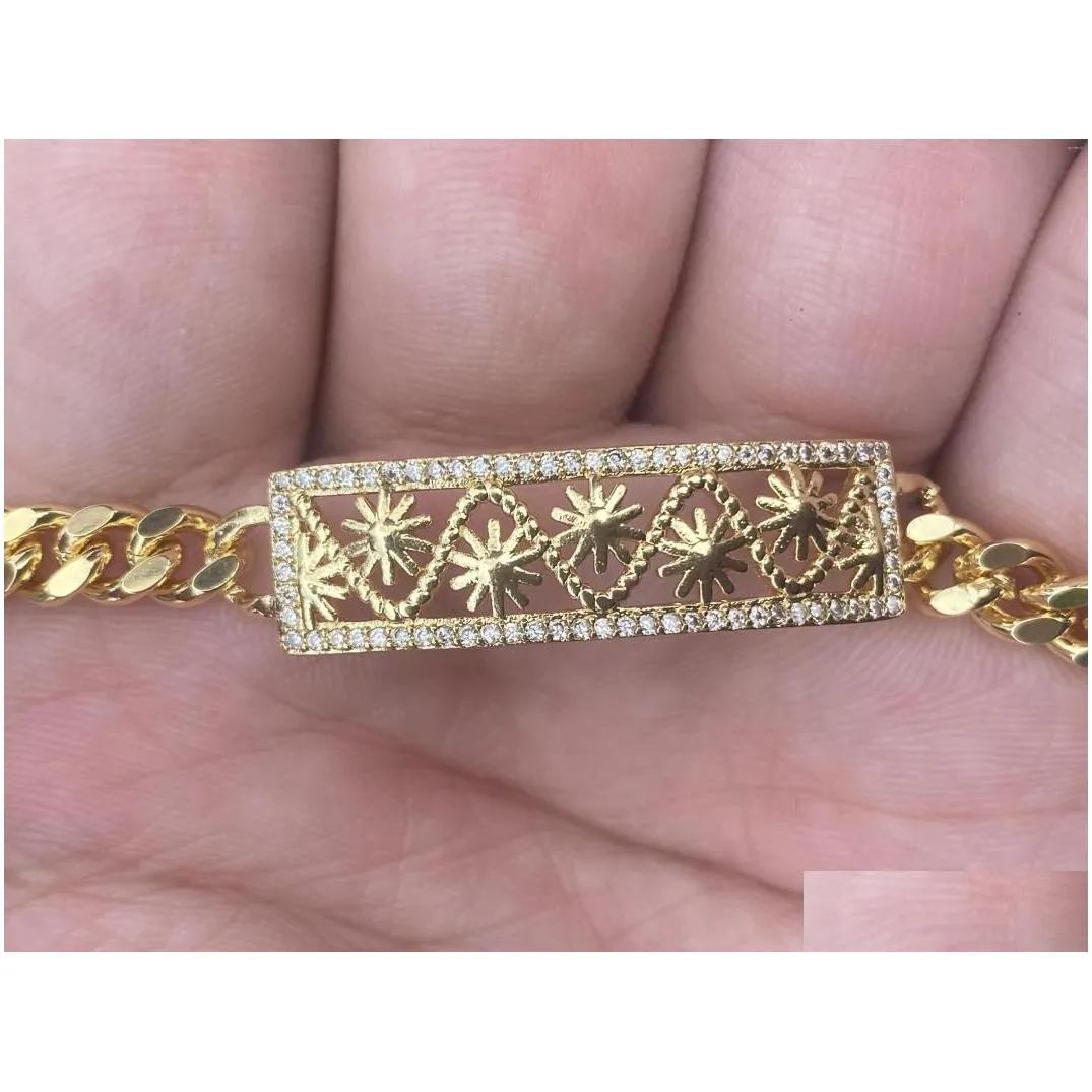 Chain Link Bracelets 18K Gold Plated 18Cm Vintage Cz Id Bracelet Curb Chain Flower Jewelry Drop Delivery Jewelry Bracelets Dh8D7