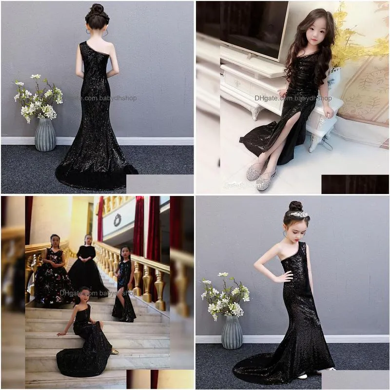 black sequin mermaid dress age for 3-14 yrs teenage girls one-shoulder vintage noble graduation gowns evening party kids frocks 201204