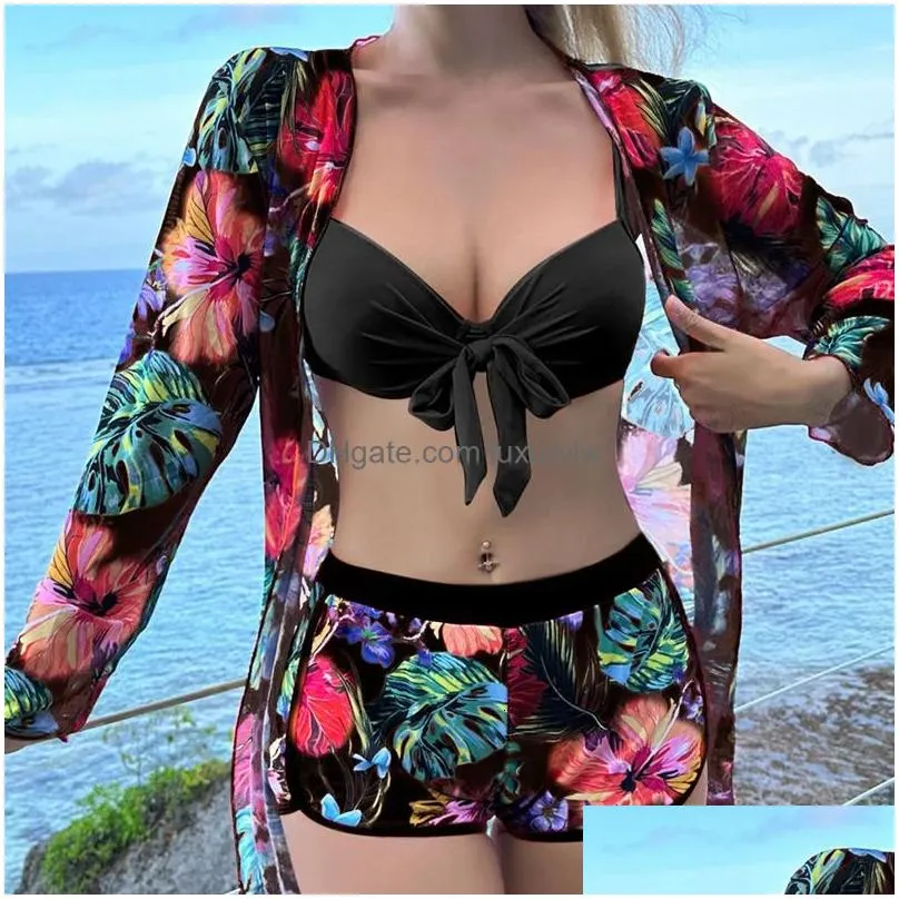 Two-Piece Suits Pink Print Separate Swimsuits Tankini Set Female Swimwear 2023 Sports Beach Wear Two Piece Bathing Suit Pool Women Swi Dhy2G