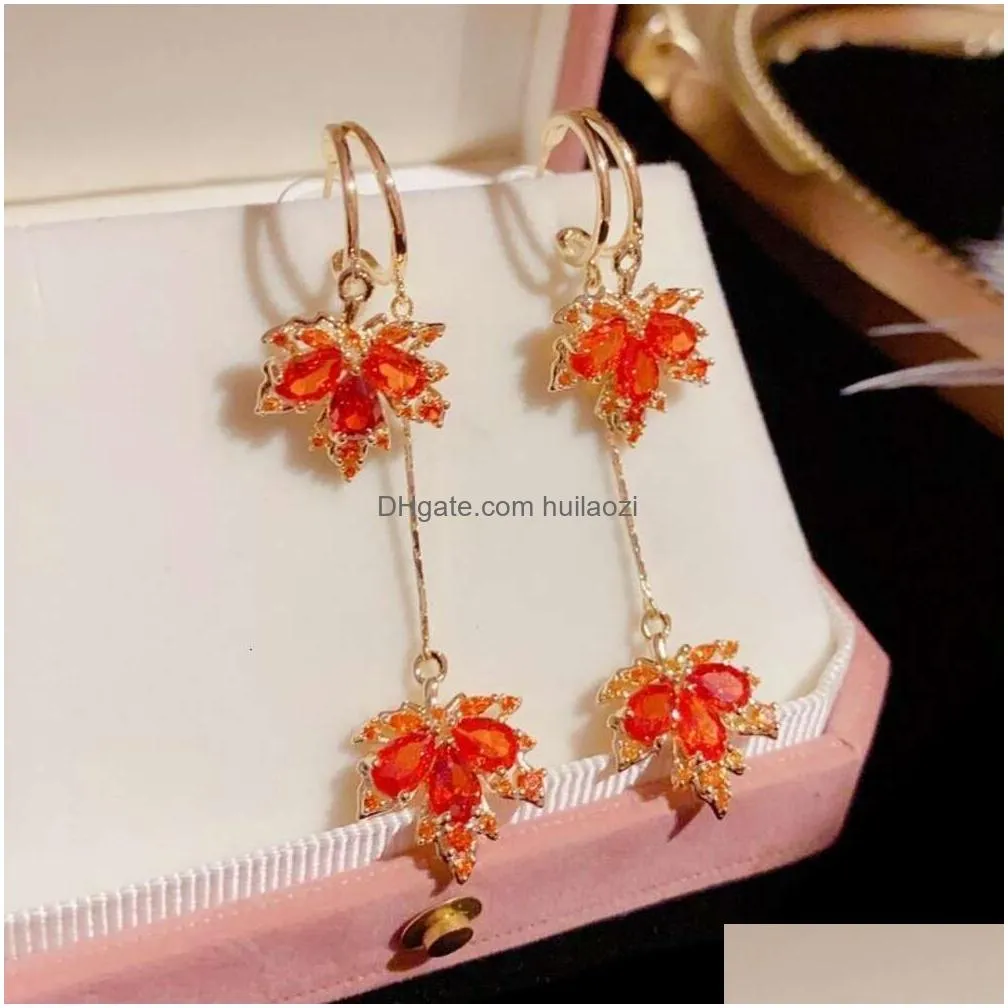 tiktok net same full diamond red maple leaf tassel for female high level super fairy slim sier needle earrings