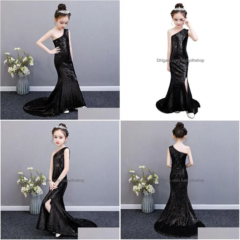 black sequin mermaid dress age for 3-14 yrs teenage girls one-shoulder vintage noble graduation gowns evening party kids frocks 201204
