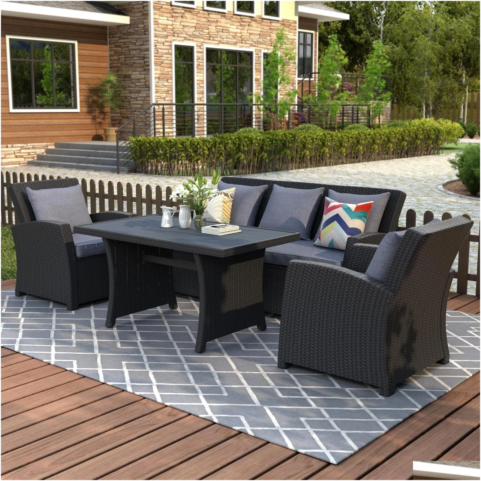 Classical Outdoor Patio Furniture Set 4-Piece Conversation Set Black Wicker Furniture Sofa Set with Dark Grey Cushions WY000055AAB