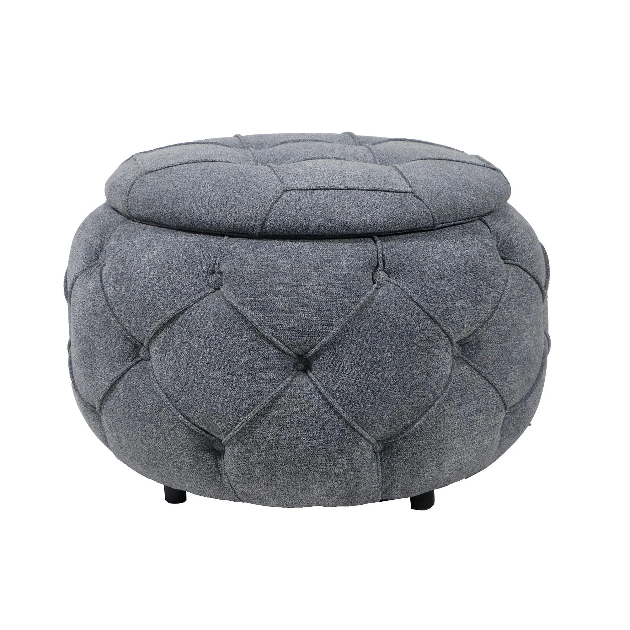 Large Button Tufted Woven Round Storage Footstool,Suitable for living room, bedroom,Grey