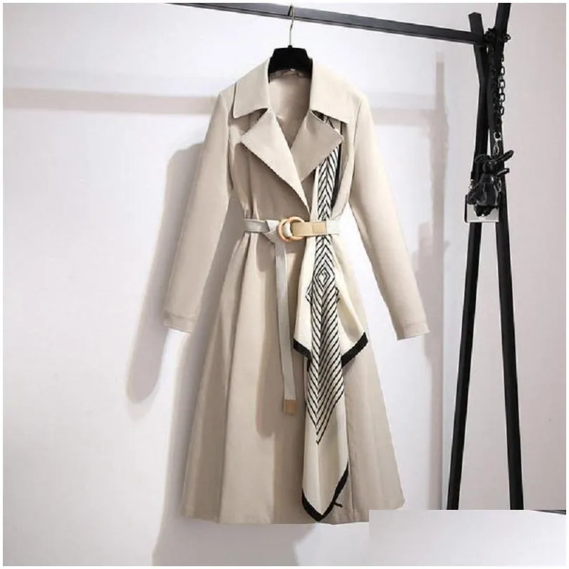 Women`s Trench Coats AIRGRACIAS Winter Woman 2021 Unique Silk Scarf Design With Belt Chic Coat Casual Light Green Temperament
