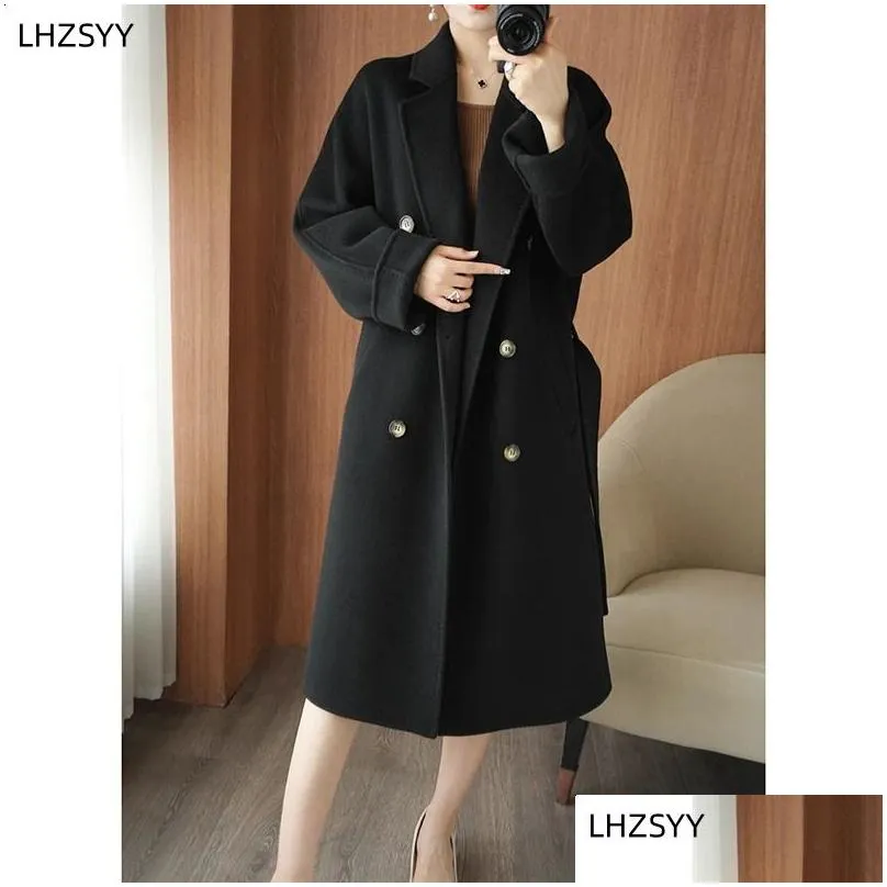 Women`s Wool Blends LHZSYY Doublesided Woolen Cashmere Coat Ladies 23Winter Cardigan Laced Loose OverTheKnee Jacket Highend Long