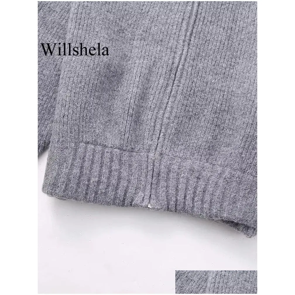 Women`s Sweaters Willshela Women Fashion Grey Front Zipper Knitted Sweater Vintage O Neck Long Sleeves Female Chic Lady Tops Outfits