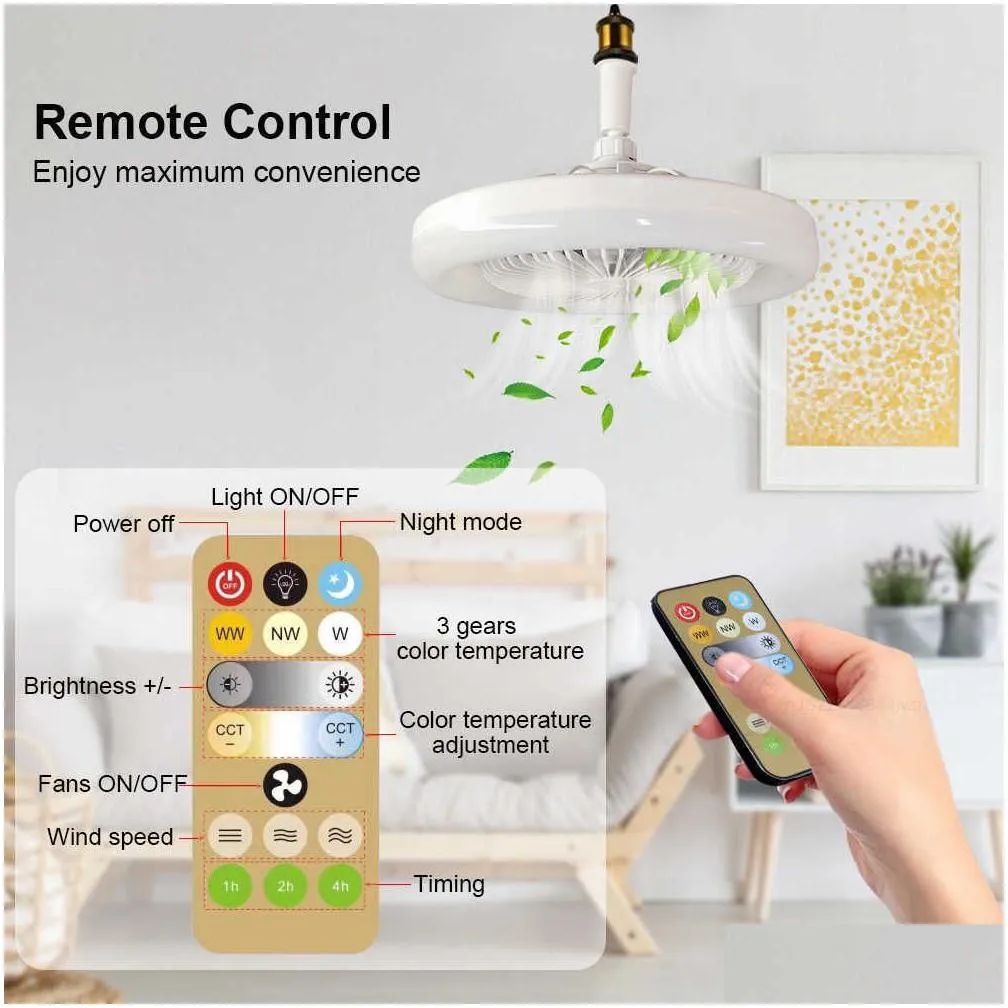 New Ceiling Fan With Lights Remote Control E27 Converter Base 30W Smart Remote Control Ceiling Fan With LED Lighting For Living Room