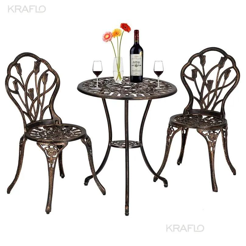 European Style Cast Aluminum Outdoor 3 Piece Tulip Bistro Set of Table and Chairs Bronze Garden Bar furniture sets