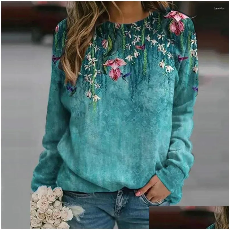 Women`s Hoodies Round Neck Sweatshirt Vintage Floral Striped Print Ethnic Style Loose Pullover For Women Long Sleeve T-shirt Blouse