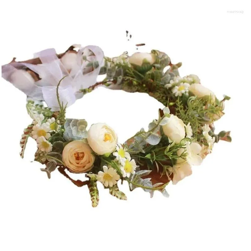 Decorative Flowers Forest Style Flower Bride Wreath Headwear Wedding Dress Pography Po Shoot Green Plant Hair Accessories