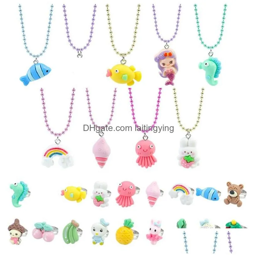 little girl jewelry beaded necklace ring cartoon animal owl dinosaur butterfly pendants friend friendship party favors dress up play