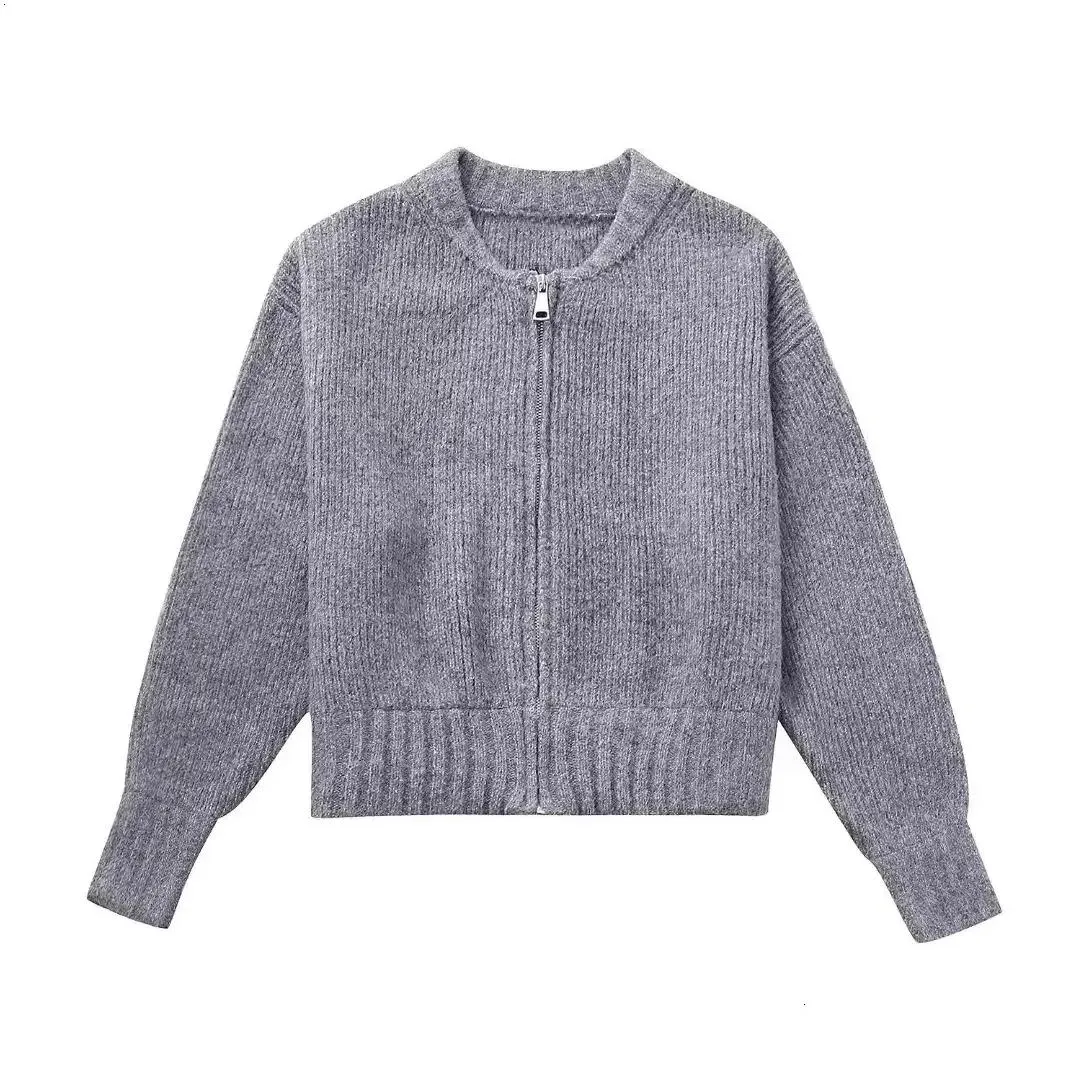 Women`s Sweaters Willshela Women Fashion Grey Front Zipper Knitted Sweater Vintage O Neck Long Sleeves Female Chic Lady Tops Outfits